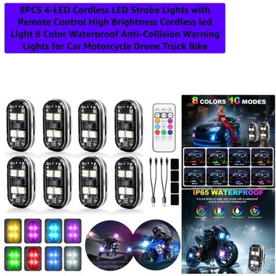 8PCS High Brightness 4-LED Cordless Strobe Lights   Remote Control & Waterproof