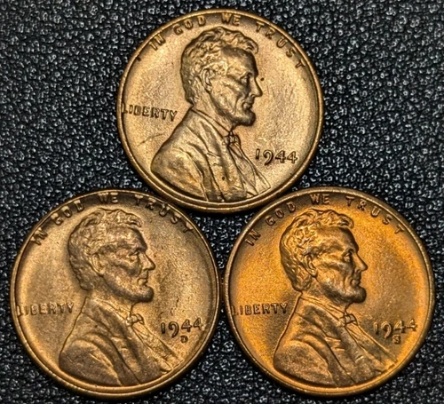 Lot of 3x Lincoln Cents - 1944 P, D, & S - BRIGHT RED UNC! - Ships Free!
