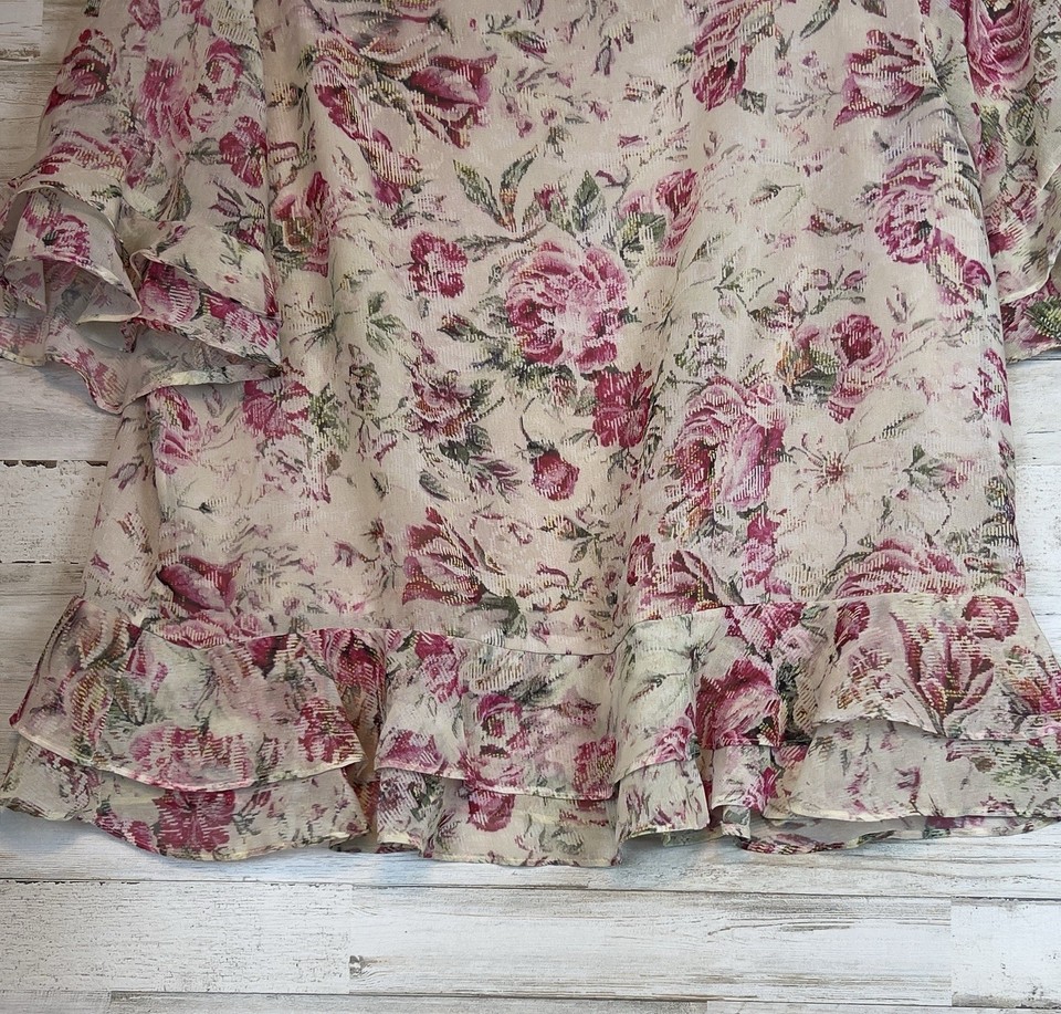 Adrienne Vittadini Womens L Ivory Pink Floral Ruffle Blouse Top ...