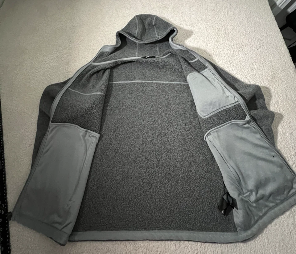 North Face 全拉链连帽衫男式夹克灰色 L 夏尔巴内衬皮革徽标 — 第 3/4 张图片