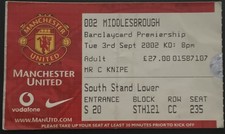 2002 Middlesbrough  V Manchester United Football Match Stub