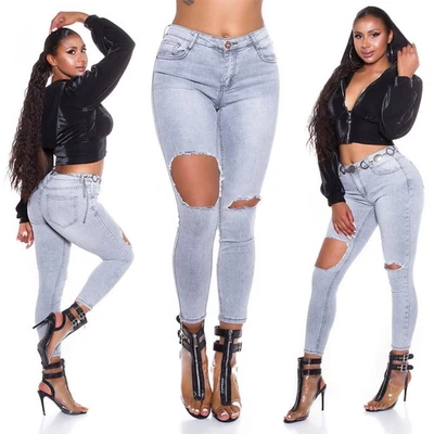 Jeans Damen Skinny High Waist Jeanshose Used Look Damen Hose Grau 38 / M - Bild 1 von 4