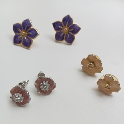 Retro Set Of 3 Pierced Earrings-Floral Enameled Pink/Yellow& Purple X3
