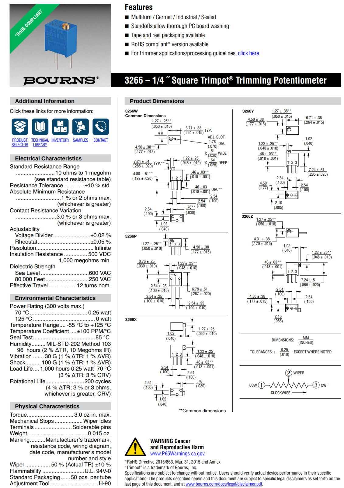 5X 3266Y-1-202R Bourns 2K Ohm Multi-Turn Trimpot 0.25W Top Adjust Potentiometer