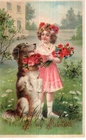 ANTIQUE EMBOSSED VALENTINE Postcard    YOUNG GIRL IN PINK WITH HER DOG, ROSES