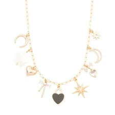 NWT LUNA NORTE Black Onyx Heart Moon Stars Celestial Gold Tone Charm Necklace