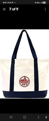Trader Joe's Large Canvas Tote Reusable Bag 20x14x6'' Blue/White * NEW *