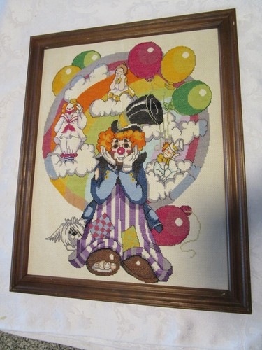 Vintage Finished framed Cross Stitch Dreaming Clown Balloons Circus Nursery 20"H - Picture 7 of 12