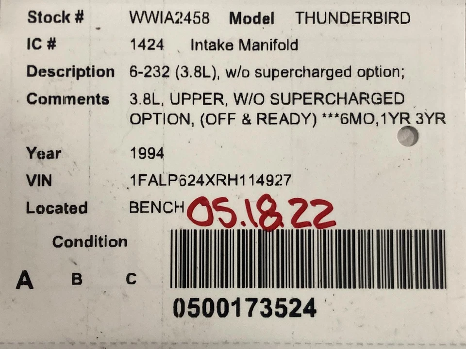 Used Upper Engine Intake Manifold fits: 1994 Ford Thunderbird 6-232 3.8L w/o sup Foto 4 de 4