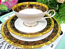BAVARIA GERMANY tea cup and saucer trio ETCHED gold gilt black band teacup 50   