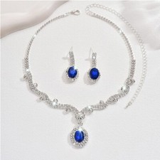 Red/Blue Crystal Rhinestone Oval Pendant Necklace Earrings Jewelry Set