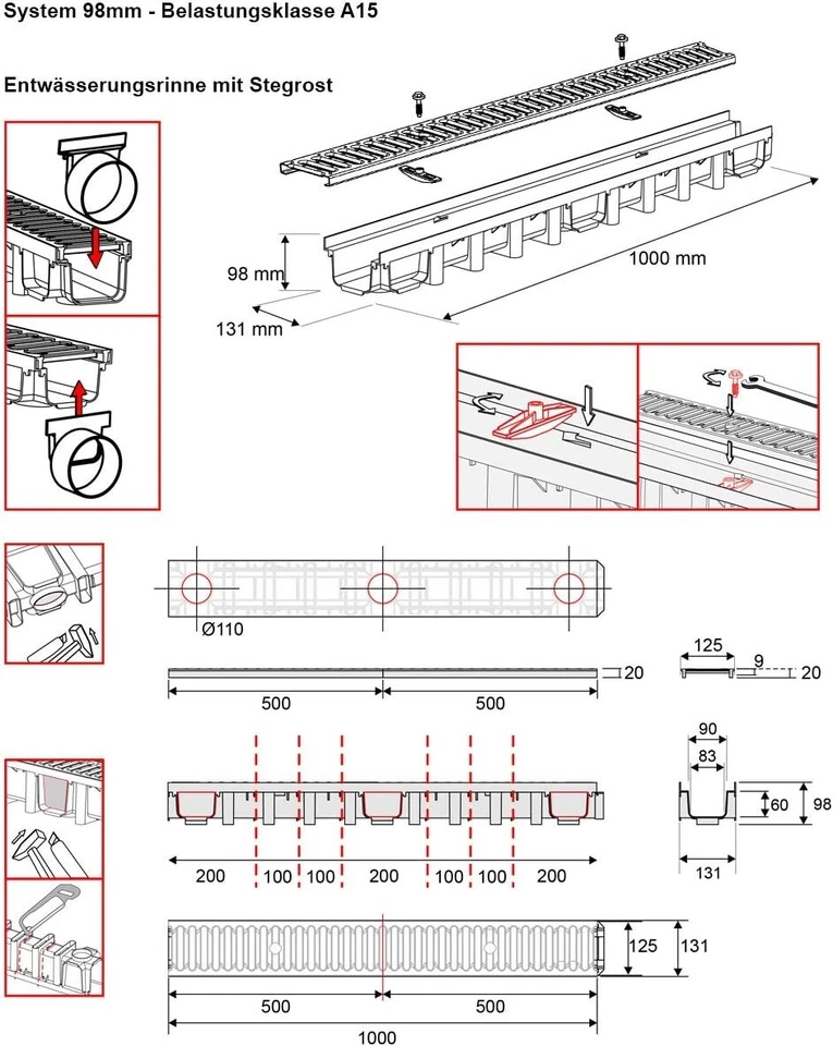10m Entwässerungsrinne für modulares System A15 98mm, Stegrost Kunststoff - Bild 4 von 4
