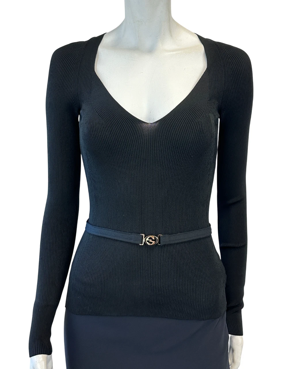 Pull haut vintage GUCCI maille fine côtelée manches longues petit noir col V ceinturé