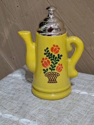 Vintage Avon Yellow Tea Kettle with Flower Design 5-1/2'' Tall, Foaming Bath Oil