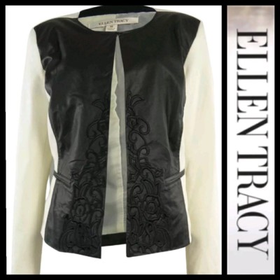 $139 Ellen Tracy Ivory Black Embroidery Faux Leather Ponte Blazer