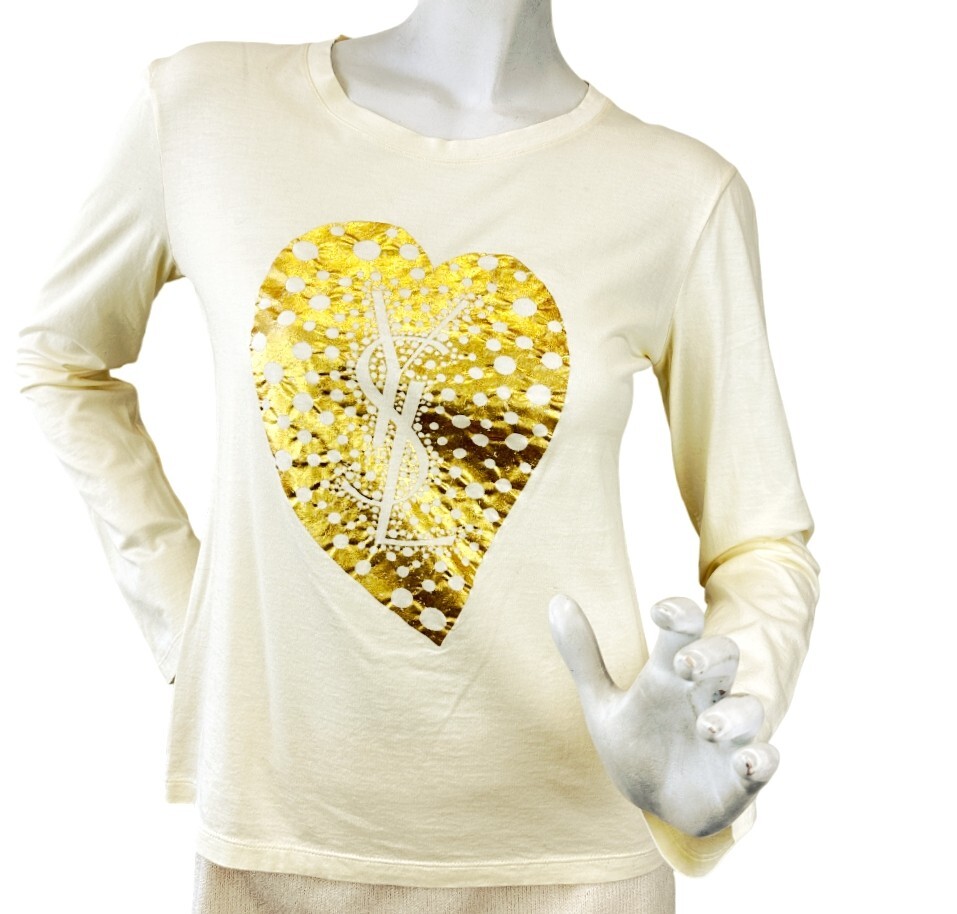 T shirt vintage YSL YVES SAINT LAURENT cotone top piccola stampa cuore oro avorio