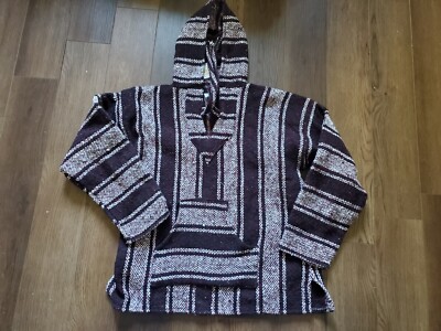 Baja Hoodie Mexican Pullover Hippie Poncho Handmade Embroidered Sweatshirt sz M 