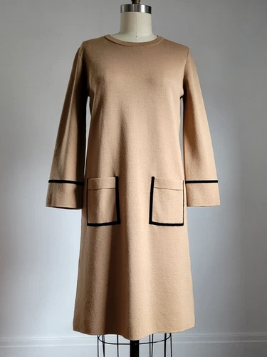 D.EXTERIOR BROWN 100% WOOL KNIT DRESS with BLACK VELVET TRIM Made in ITALY