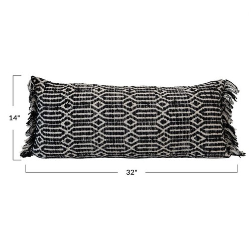 NEW! Woven Cotton Abstract Pattern Black & White Lumbar Accent Pillow w/Fringe - Picture 4 of 4