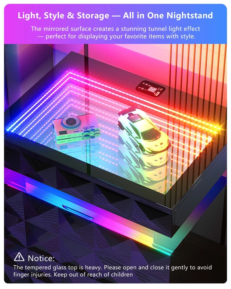 Mesita de Noche Gurexl con Luz LED RGB, Mesita de Noche Vidrio Templado y Tapa Deslizante Foto 3 de 4