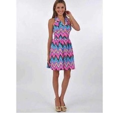 Lilly Pulitzer Women Pink Blue Chevron Ikat Sleeveless V-Neck Pocket Dress Sz 2