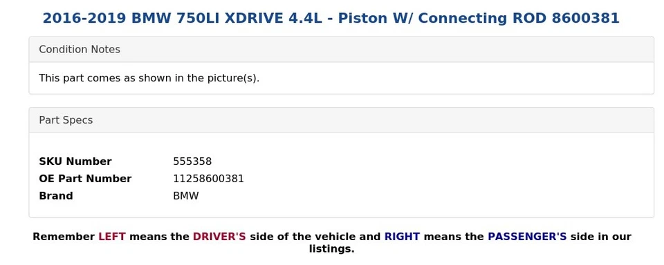 2016–2019 BMW 750LI XDRIVE 4,4 л — поршень с соединительным штоком 8600381 - Изображение 3 из 4
