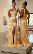 Gold Sleeveless Satin Bridesmaid Dress Sequin Bodice Slit Size Regular