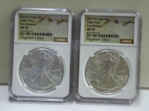 (2) 2025P American Silver Eagle - Eagle Privy NGC MS70 Magnus Opus 1st Release.