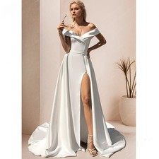  Off Shoulder Pleated Wedding Dresses Sexy High Slit Side Backless Customized
