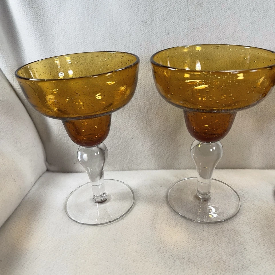 Set of 3 Hand Blown Artland Iris Amber Margarita Glasses Bubble Clear Stem - Image 2 of 4