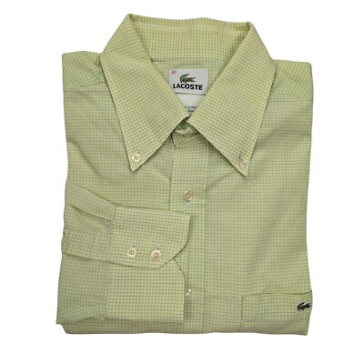 Lacoste Dress Shirt Mens Size 42 L Made in France Lime Green Micro Check