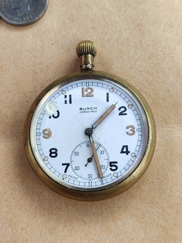 British Military WW2 Buren Grand Prix GSTP Pocket Watch Working Condition swiss