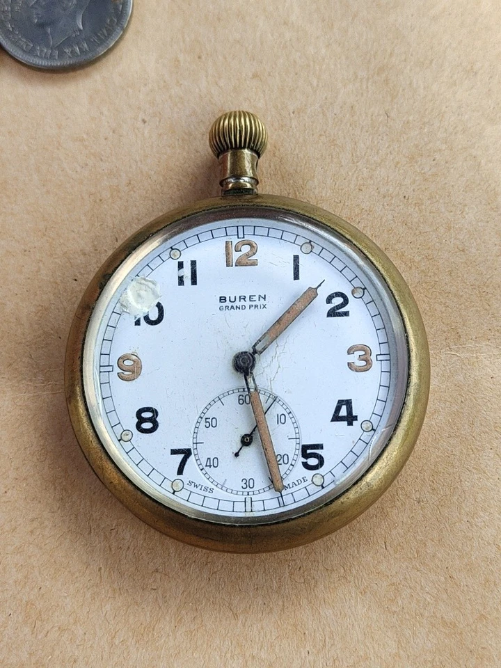 British Military WW2 Buren Grand Prix GSTP Pocket Watch Working Condition swiss — 第 2/4 张图片