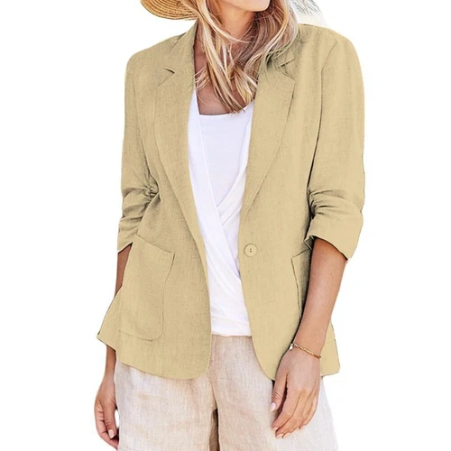 Damas Algodón Lino Chaqueta Traje Informal OL Trabajo Cuello Botón Blazer Abrigo Diario - Imagen 11 de 20