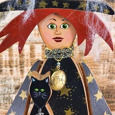 Artist Folk Art Wood Witch Handcrafted Hinged Jeweled Black Cat Cauldron SUE GEE