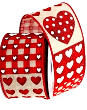 Valentine 2.5" by 5 yards Vertical Block Wired Ribbon White Red Country Natural