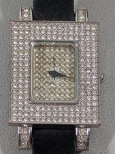 Silver Tone Crystal Accent Rectangle Case Black Leather Band Watch