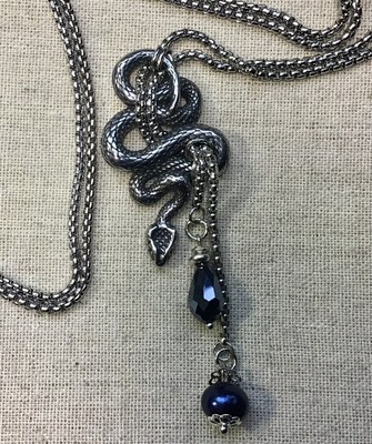 Snake Necklace- Gothic, Snake w/ Dark Blue Glass Beads, 40  Chain , Silver Tone