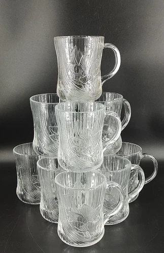 10 Pieces Vintage Arcoroc Canterbury Crocus Flower Glass Mugs Cups Embossed EUC