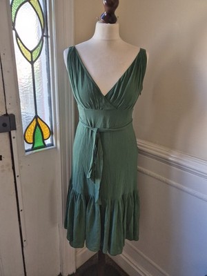 Vintage 00s Y2K Ted Baker 10 Green Silk Drop Waist frill Party Dress Midi Zelina