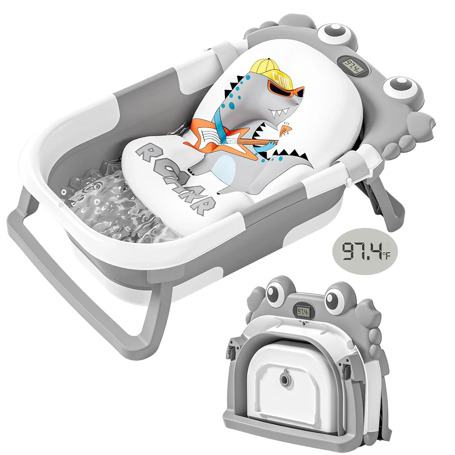 Collapsible Baby Bathtub Thermometer Soft Cushion Foldable Baby Tub 0-36M Grey