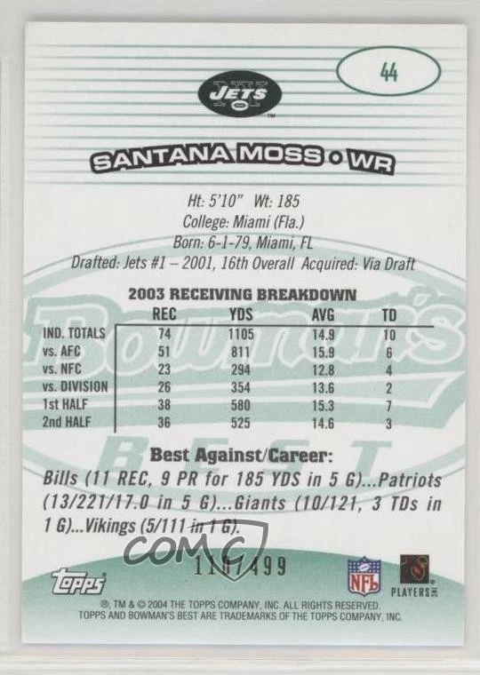 2004 Bowman's Best Green /499 Santana Moss #44 - Image 2 of 2