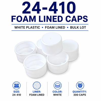 24-410 White Plastic Caps w/ Foam Liner   300 Count   Bulk Bottle Caps
