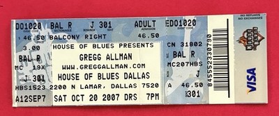 GREG ALLMAN TICKET STUB - HOUSE OF BLUES - DALLAS, TEXAS - Got Midnight Rider ?
