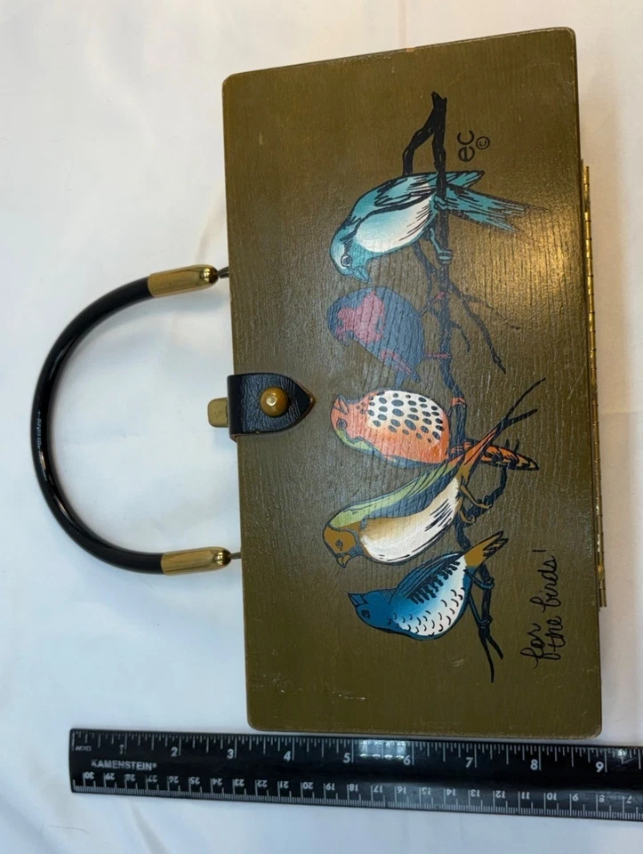 1960s Enid Collins Original Wood Box Purse Collins of Texas Hand Painted Birds Foto 2 de 4