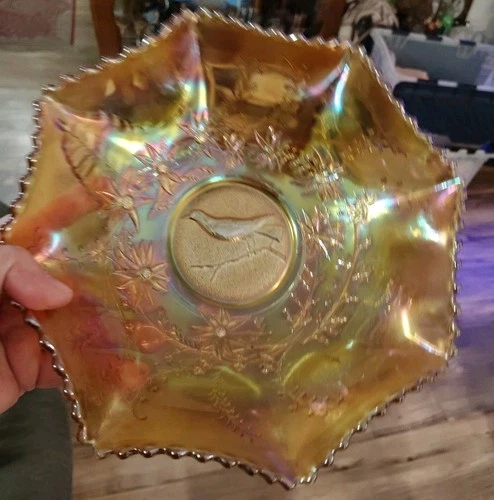Vt Marigold Carnival Glass Magpie Crown Crystal Bowl Australian Radium Base Glow