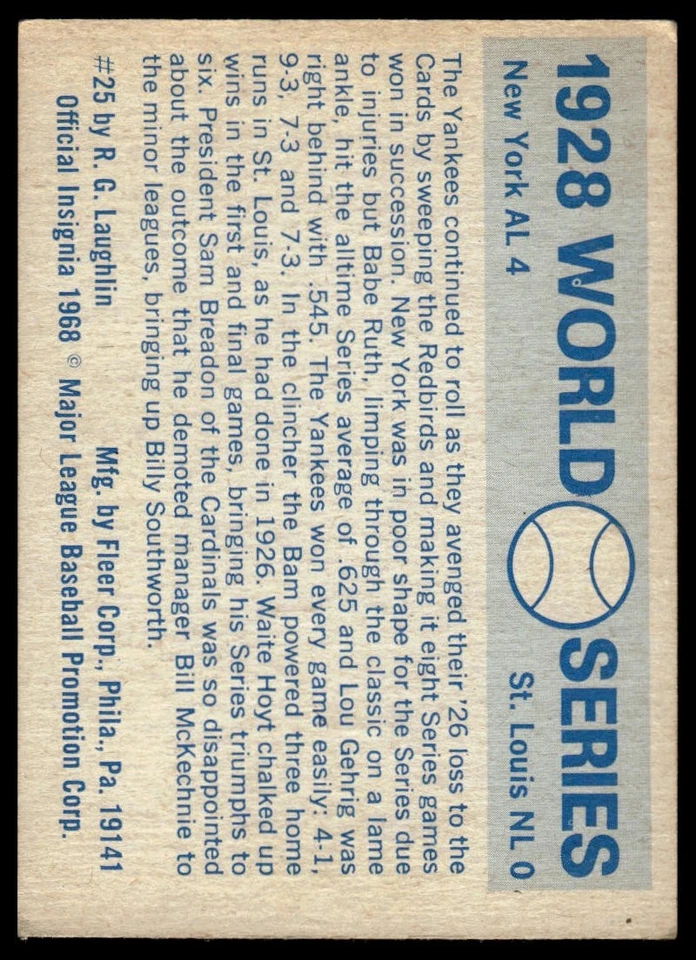1970 Fleer World Series #25 1928 Yankees - Babe Ruth / Lou Gehrig - Image 2 of 2