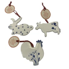 Hallmark 3 Delft Look Ceramic Christmas Trimmers COW ROOSTER RABBIT 1986 VTG