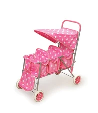 Badger Basket Triple Doll Stroller Toy Pram Pink Polka Dot Foldable Canopy Kids