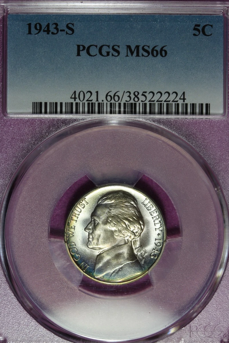 PCGS Certified MS 66 Graded 1943 Year US Jefferson Nickels (1938